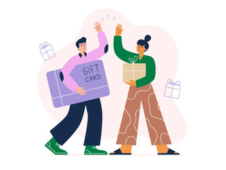 A couple exchanging gifts with each other. A man presented a gift certificate and a woman presented a gift box. Vector flat illustration on a white background.