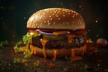 Fototapeta na wymiar AI generated illustration of A delicious burger topped with lettuce, tomatoes, and a savory sauce