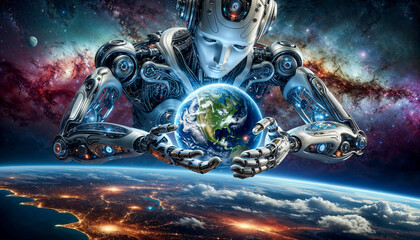 Futuristic AI robot with serene expression gently holds Earth, with vibrant cosmic background, evoking themes of protection and advanced technology