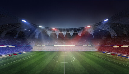 Aerial view of empty soccer field with spotlight and fan tribune with France flag attributes. 3D...