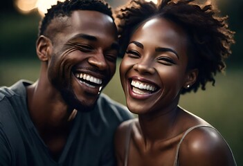 attractive african american black young couple happy smiling and laughing  - obrazy, fototapety, plakaty