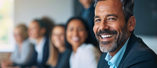 A man wearing formal attire is happily smiling in front of a table, while gesturing and sharing a fun moment with a group of people. His jaw is pleased, and he is wearing a hat at this event.