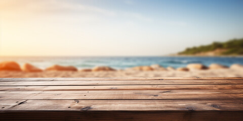 Empty brown wooden planks with with blurry beach and ocean in background