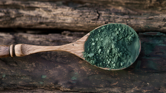 Dark green spirulina powder in a wooden spoon on a wooden background.