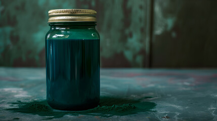 Green spirulina powder in a glass jar