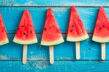 Summer Watermelon slice popsicles on blue wooden table. Top view