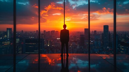 Silhouette of a man in a suit in the office looking at the big city