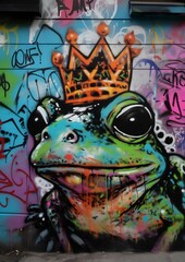 AI generated illustration of  a colorful graffiti of a frog with a crown
