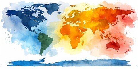  Watercolor Painting of the World Map Reflecting the Vivid and Artistic Nature of Geography, Generative AI