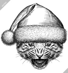 Obraz premium Vintage engraving isolated leopard set panther dressed christmas illustration ink santa costume sketch. Africa wild cat cheetah background jaguar animal silhouette new year hat art. Vector image