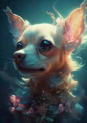 AI generated illustration of an adorable small Chihuahua dog with long and fluffy fur and big, ears
