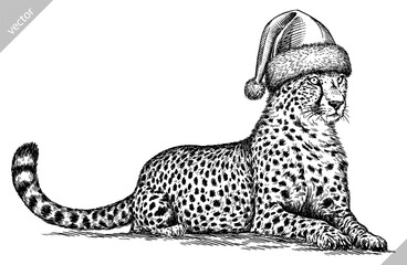 Vintage engraving isolated leopard set panther dressed christmas illustration ink santa costume sketch. Africa wild cat cheetah background jaguar animal silhouette new year hat art. Vector image