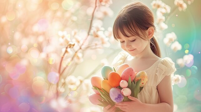 Created with artificial intelligence technology, this image features a girl holding Easter eggs against a multicolored background. Processed by human hands. Generated by AI