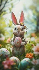 Fototapeta na wymiar The Easter bunny, dressed in clothes, is situated in a fairytale city surrounded by flowers and Easter eggs. Processed by human hands. Generated by AI