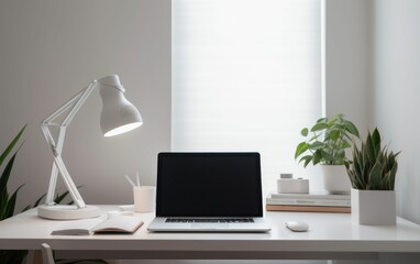 AI-generated illustration of a laptop on a minimalistic work desk at home