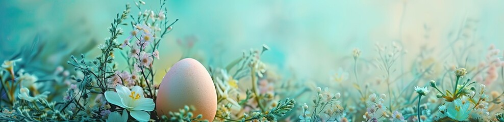 Colorful Easter eggs on a beautiful background among flowers and branches. Space for text.  Handled by human hands. Generated by AI - obrazy, fototapety, plakaty