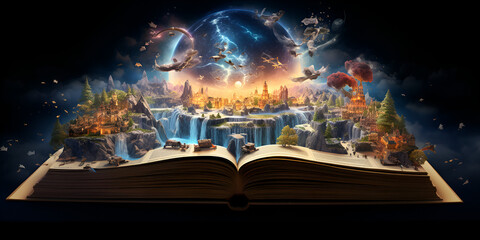 An open book with sparkles coming out of it ideal for fantasy.
