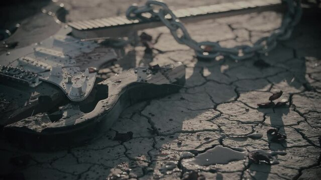 Close up of broken guitar with blood in desert. Cinematic shot in slow motion. Dry lake. Cold color correction, 4k