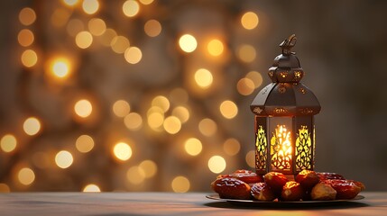 Ramadan and Eid concept light cream color new background with dates and arabic traditional lantern