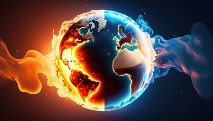 Apocalyptic image of planet Earth in the near future, half a frozen planet and another half a planet in flames. Concepts of environmental protection and ecology, clean energy