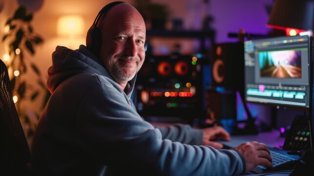 Mann am Videoschnittplatz mit Hoodie. Cooler Selbstst&auml;ndiger schneidet Videos am Arbeitsplatz.  