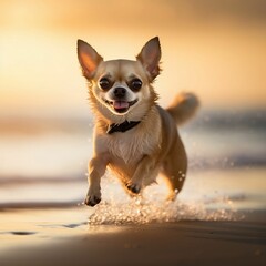 AI generated illustration of a beautiful adorable hdhd dog running around on a beach at sunset