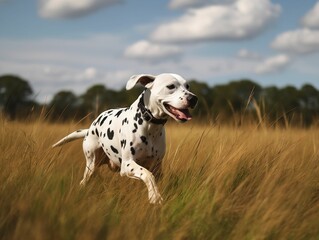 AI generated illustration of a joyful dalmatian sprinting through a lush field on a sunny day