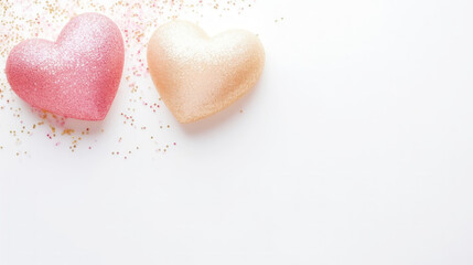 Obraz premium Aesthetic pink and gold hearts on light background. Minimalist love concept. Copy space. Generative AI