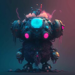 AI generated illustration of adorable small robot standing in a dark background