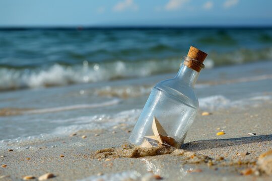 Flaschenpost im Sand am Strand. Angeschwemmter Brief in einer Flasche.