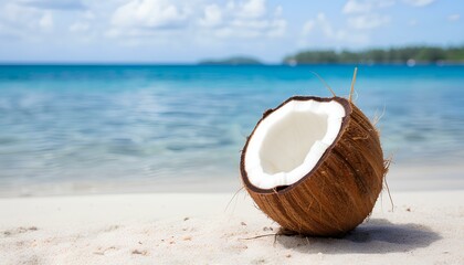 Fototapeta na wymiar coconut on the beach. coconut on a sandy beach in tropical location during summertime. Sunshine and coconuts. Blue ocean