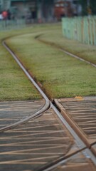 Scenic view of a train track running alongside a green grassy field