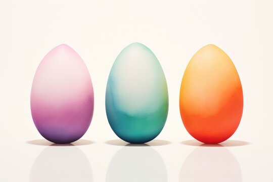 A clean, modern watercolor of an artfully arranged grouping of three minimalistic Easter eggs against a bright and clear backdrop