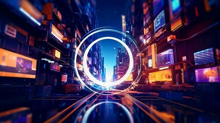 AI generated illustration of a digital loop with a futuristic cityscape and tall buildings at night