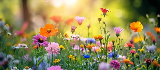 The field is filled with a variety of flowers including petals, grass, and herbaceous plants, creating a natural landscape.