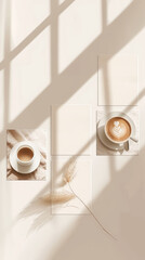 Aesthetic flat lay for social media. Pastel light colours. Flowers and coffee theme collage. Cozy morning. Generative AI