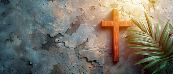 Wood cross and palm leaves over stone background for easter. Catholicism symbol. - obrazy, fototapety, plakaty