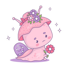 Cute snail girl in hat with flowers. Funny insect kawaii character in retro style. Cool vector illustration .