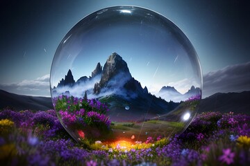 AI generated round glass ball reflecting mountain landscape with flowers