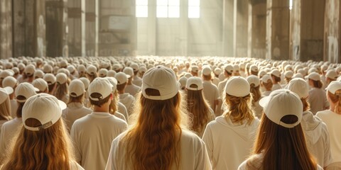 A group of women in identical white uniforms stand with their backs in a large hall.