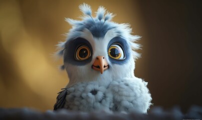 Animated ugly bird character with big cute eyes in a bird's nest, AI-generated.