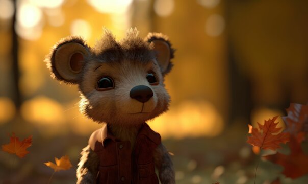 Animated mouselike furry character in the autumn forest, AI-generated.