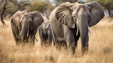 AI generated illustration of a herd of African elephants walking on a vast dry savannah in Africa