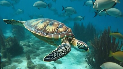 AI generated illustration of a green sea turtle in a vibrant coral reef