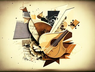 AI generated illustration of a composition with colorful musical notes and instruments