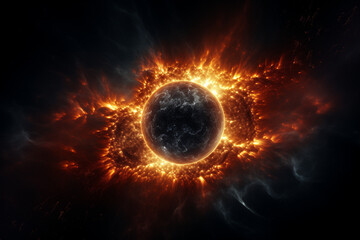 "Solar Flare Eclipse - Dramatic Cosmic Event with Fiery Solar Eruptions Encircling a Darkened Planet"