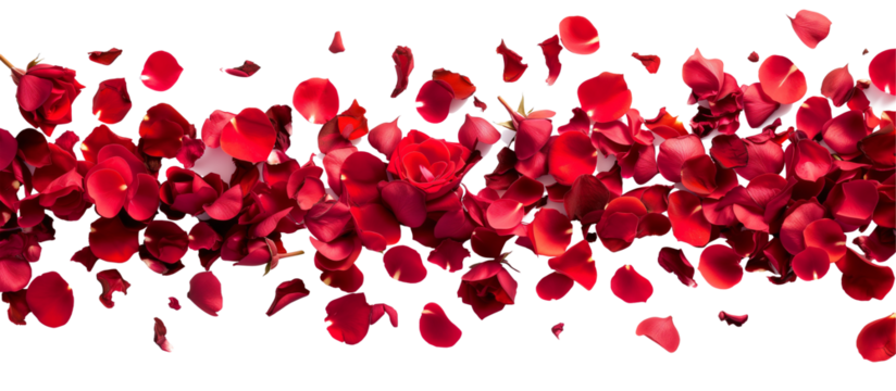 strip of scattered red rose petals, isolated on transparent background