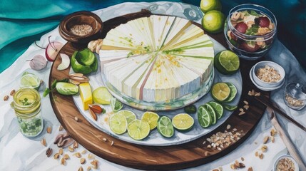 AI generated illustration of a watercolor of a freshly baked cake with decorative slices of lime