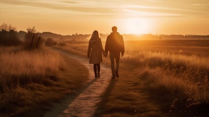 AI generated illustration of a couple enjoying an evening stroll together silhouetted against sunset - obrazy, fototapety, plakaty