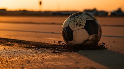AI generated illustration of a soccer ball on the ground illuminated by the sunset